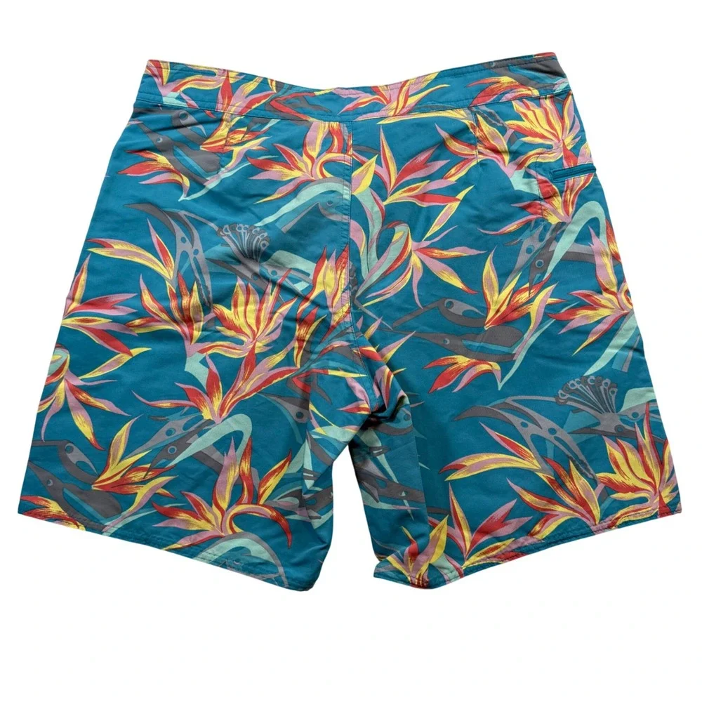 Patagonia‎ Board Shorts Mens 34 Teal Floral Bird of Paradise Swim Trunks Surf